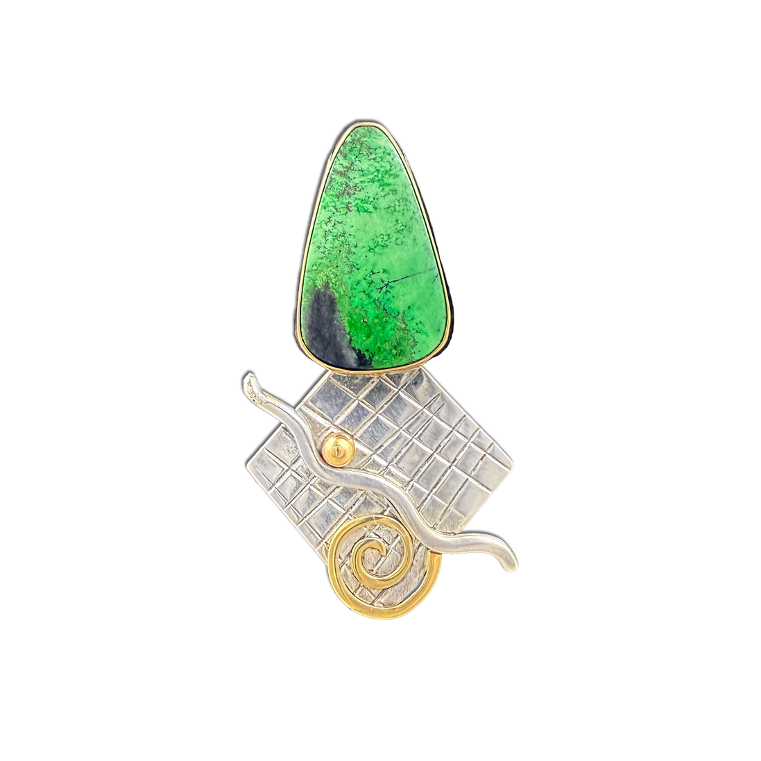Chrysocolla Pin/Pendant - SS/14K bead, spiral and bezel wall