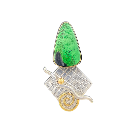 Chrysocolla Pin/Pendant - SS/14K bead, spiral and bezel wall