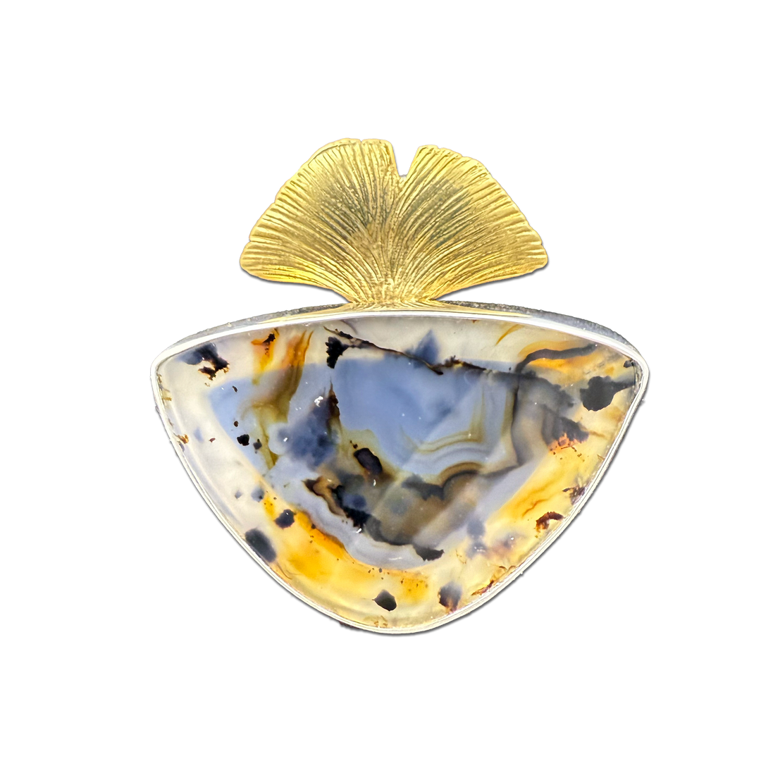 Leopard Agate Ginkgo Pendant: SS/Brass