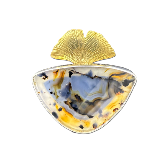 Leopard Agate Ginkgo Pendant: SS/Brass