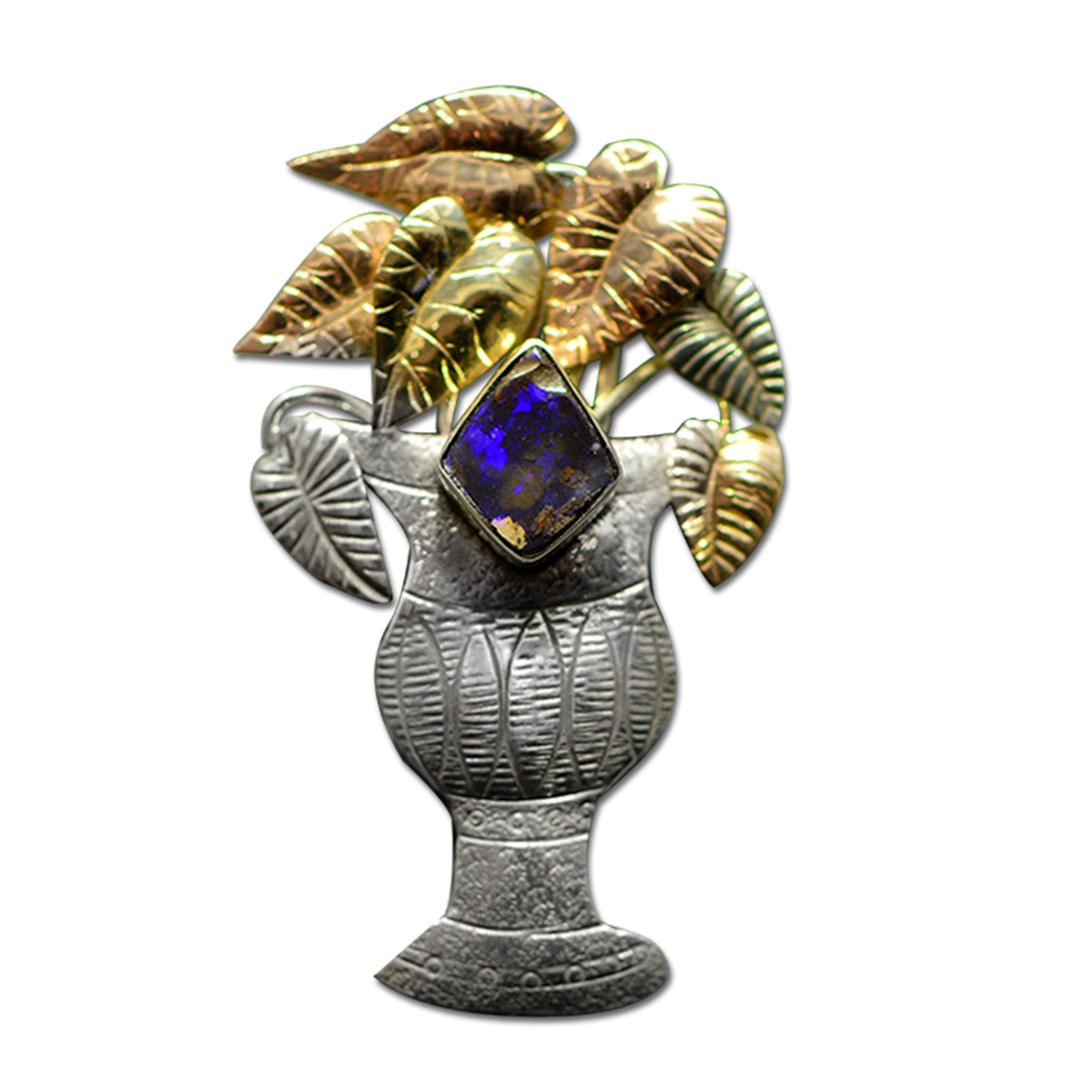Grecian Urn Planter Pin/Pendant: SS/14K + Boulder Opal