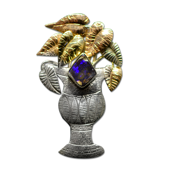 Grecian Urn Planter Pin/Pendant: SS/14K + Boulder Opal