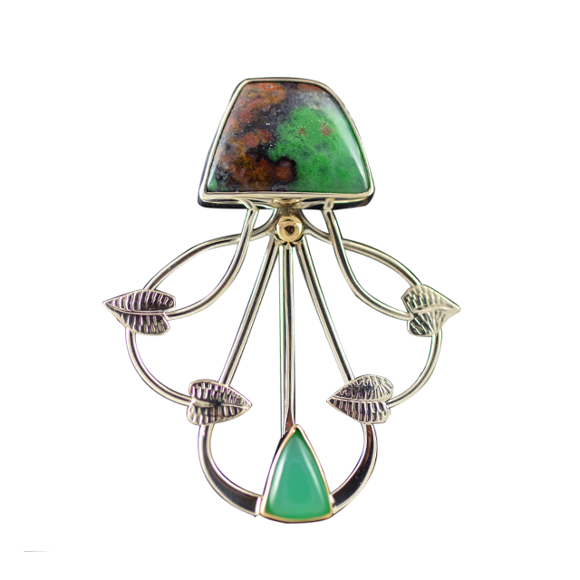 Chrysoprase w/ Malachite and Chrysocolla Pin/Pendant - SS/14k
