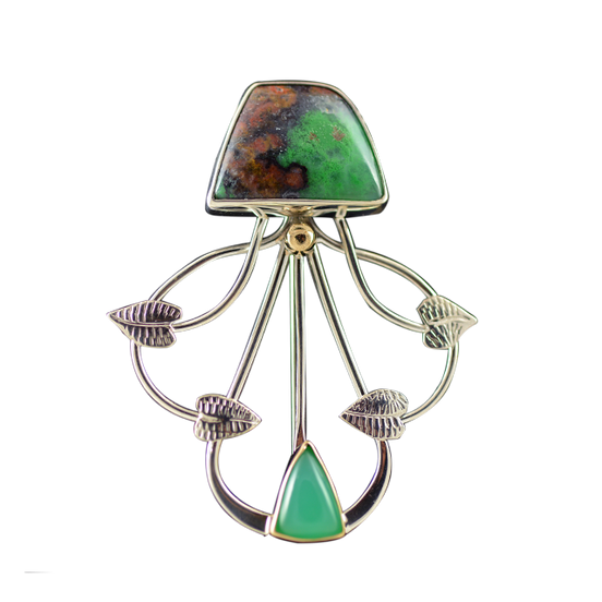Chrysoprase w/ Malachite and Chrysocolla Pin/Pendant - SS/14k