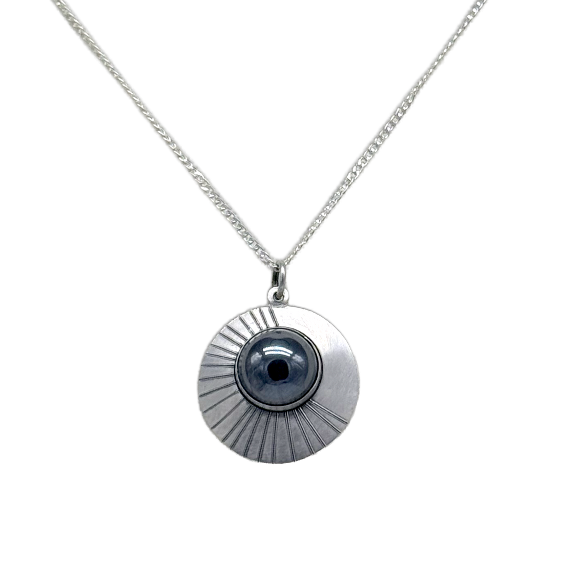 Geometric Disc Necklace with Rays and Hematite