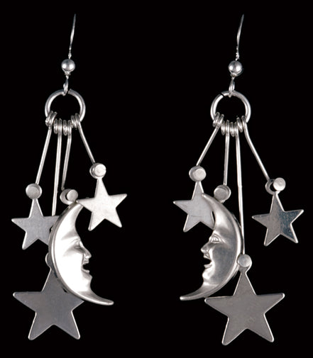 Sterling MoonFace W/Stars Dangle Earrings