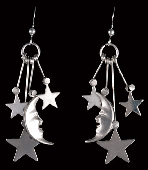 Sterling MoonFace W/Stars Dangle Earrings