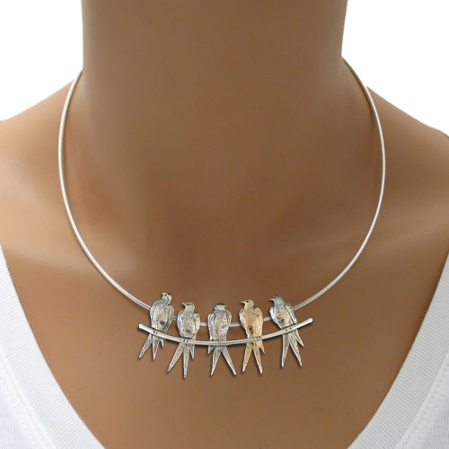 Birds on a Wire Necklace Slide in Sterling and 14k Gold