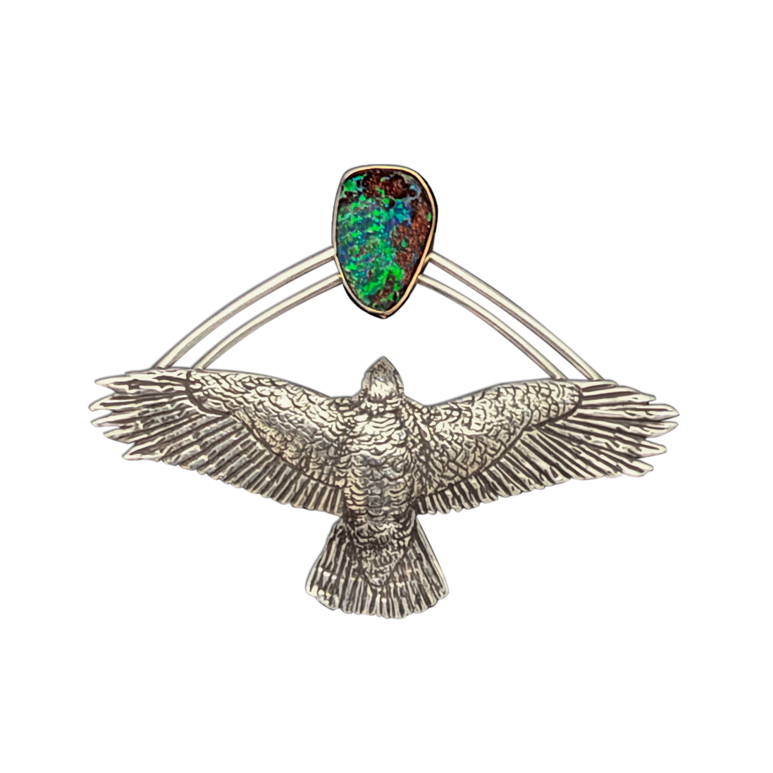 Red-tailed Hawk with Boulder Opal Pendant (or Pin) in Sterling Silver and 14k Gold