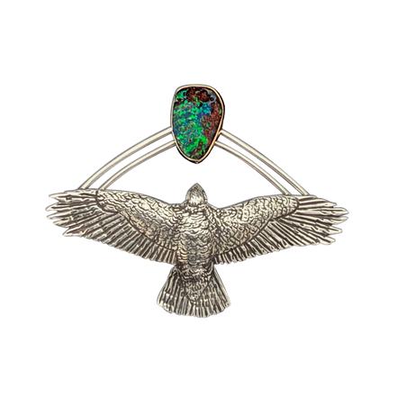 Red-tailed Hawk with Boulder Opal Pendant (or Pin) in Sterling Silver and 14k Gold