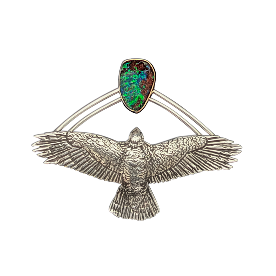 Red-tailed Hawk with Boulder Opal Pendant (or Pin) in Sterling Silver and 14k Gold